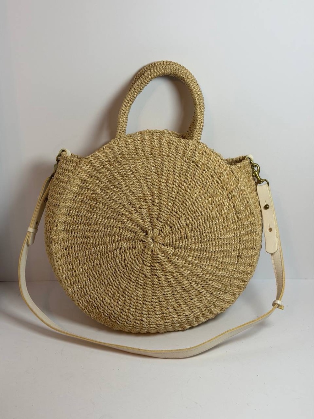 Clare V. Alice Circle Bag Natural Straw Raffia Material with a White Leather